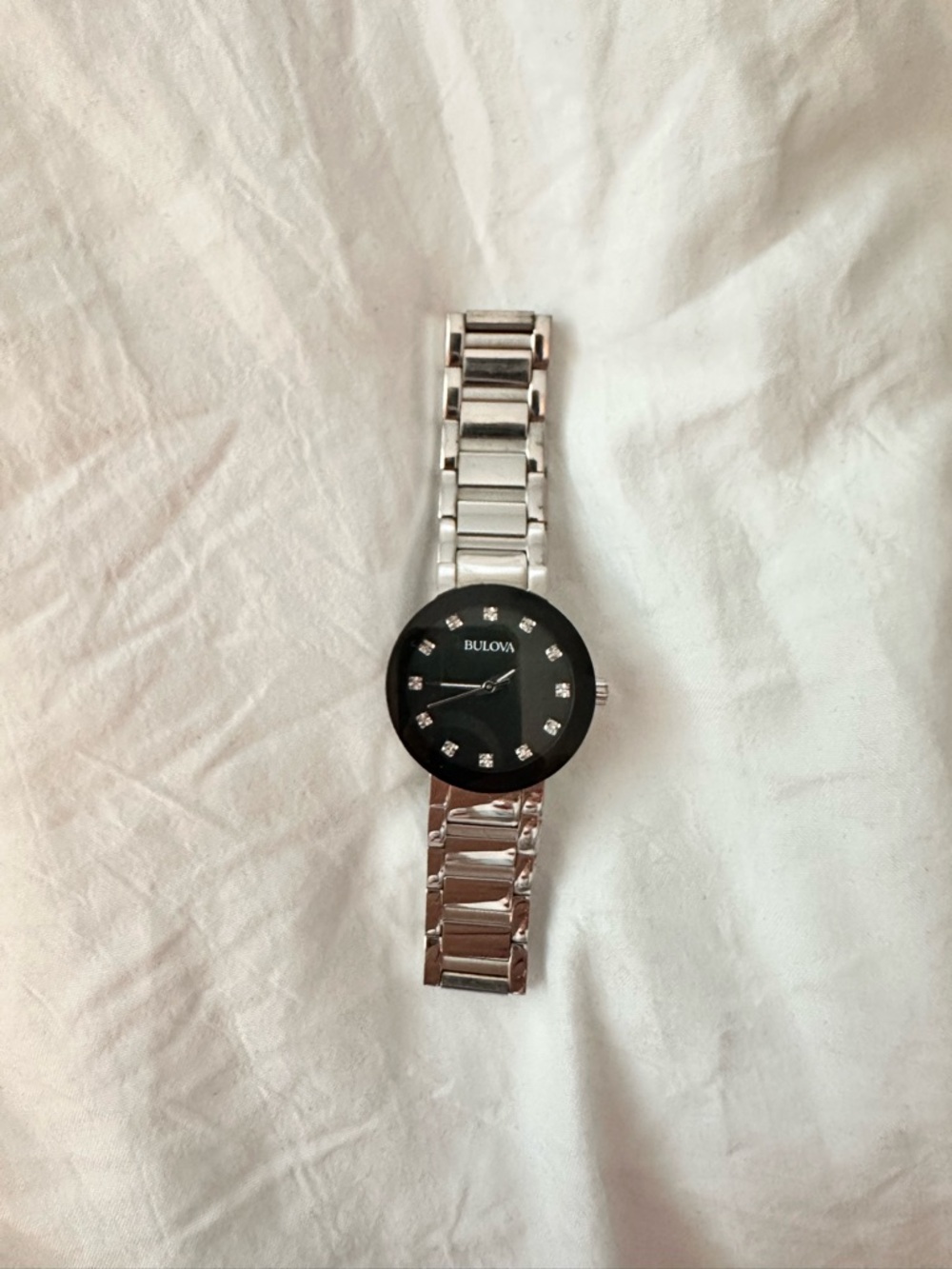 Bulova Silver Bracelet Watch with Black Dial and Crystal Markers